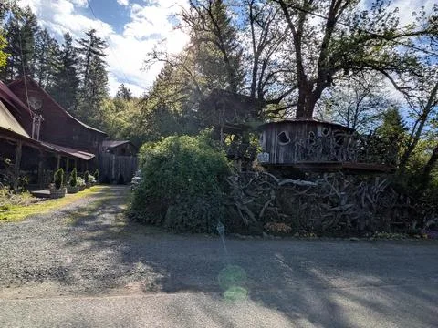 Unique outdoor scene with multiple handmade treehouses and driftwood fence Foto stock