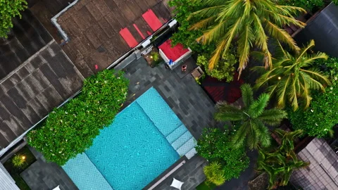 Unique overhead perspective of luxury Gili Trawangan resort swimming 動画素材 336816449
