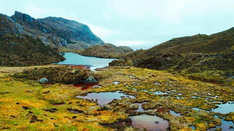 Unique parallax view of a high-altitude lake, Andes Mountains, Cajas, Ecuador Video stock 162358860