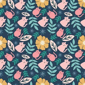 Unique pattern of cat cute animals and leaf Stock Illustration