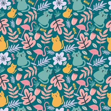 Unique pattern of cat cute animals and leaf Stock Illustration