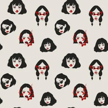 Unique pattern featuring various styles of female faces Stock-Illustration