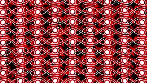 Unique patterns of eyes in red and black artwork displayed in a gallery setti 스톡 동영상 333445967