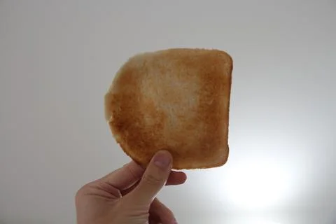 Unique piece of toasted bread held in hand against a plain background demon.. Foto stock