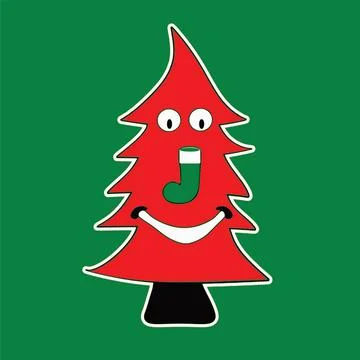 Unique red colored Christmas tree with comic smile vector illustration. Stock Illustration
