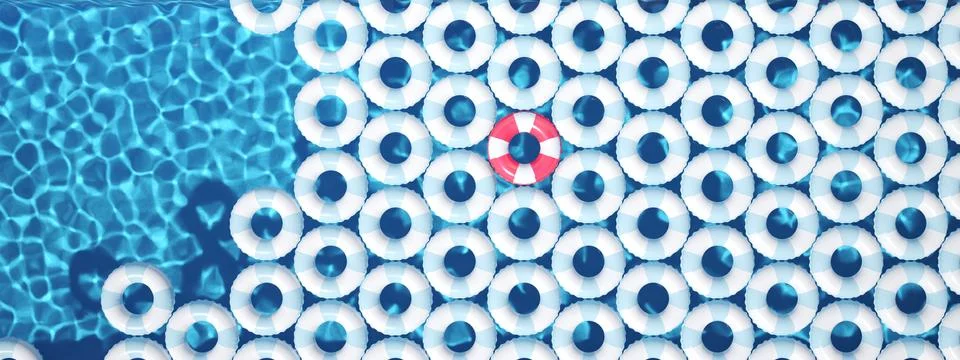 Unique red float ring between blue float rings in pool. 3d rendering Ilustración de archivo