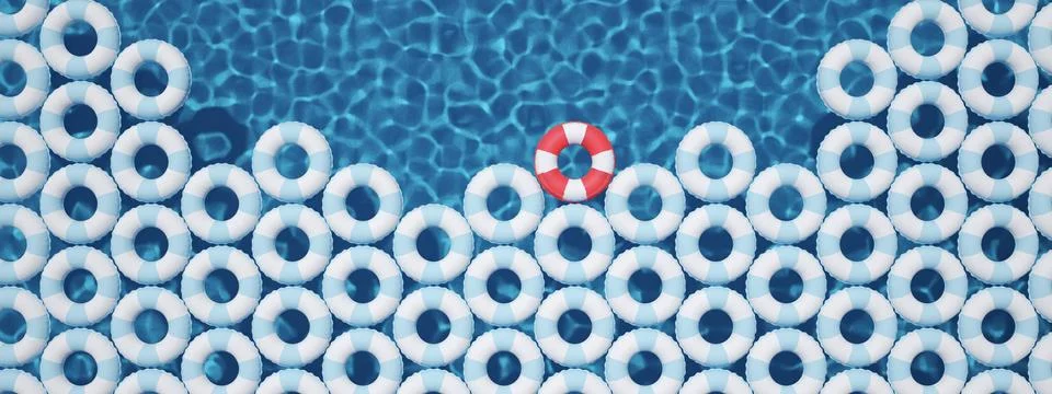 Unique red float ring between blue float rings in pool. 3d rendering Stock Illustration