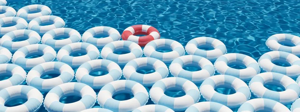 Unique red float ring between blue float rings in pool. 3d rendering Stock Illustration