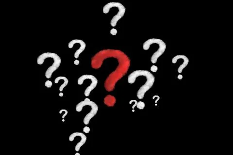 Unique red question mark shape of cloud among many clouds on black background Stock Illustration