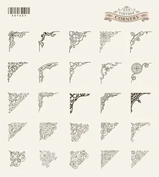 Unique retro corner for frames set. Vintage vector patterns for invitations and Stock Illustration