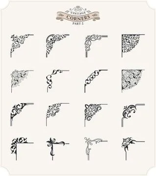 Unique retro corner for frames set. Vintage vector patterns for invitations and Stock Illustration