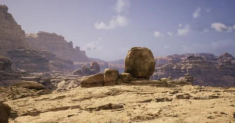 Unique rock formation among dramatic desert landscape under bright sky Stock Illustration