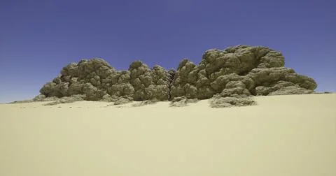 Unique rock formation rises above sandy landscape in remote desert area Stock Illustration