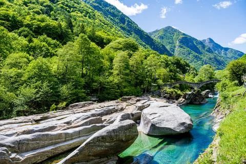 Unique rock formations and clear waters and ponte dei salti at Lavertezzo dur Stock Photos