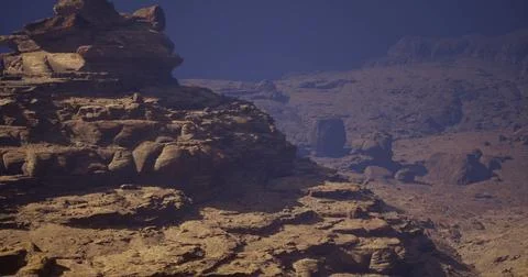 Unique rock formations in a desolate landscape under a deep blue sky Stock Illustration