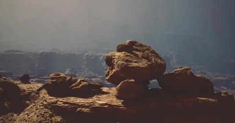 Unique rock formations in a dramatic landscape at dusk Stock Illustration