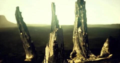 Unique rock formations at sunset in a desolate landscape with distant mountai Stock Illustration