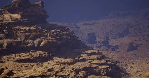 Unique rock formations in a vast desert landscape under clear skies Stock Illustration