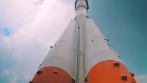 Unique rocket engines are displayed in a space museum, highlighting their Video stock 305540636