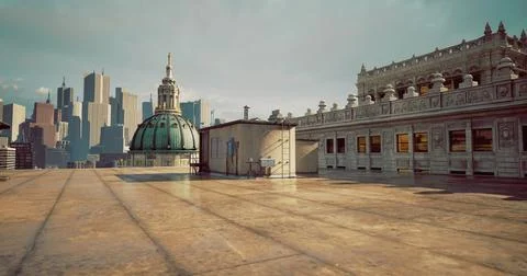 Unique rooftop view of a historic building with modern city skyline backdrop Ilustración de archivo