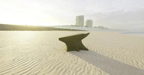 Unique sculptural bench on sandy beach with modern buildings in background Ilustración de archivo