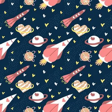Unique seamless vector pattern with rocket and hearts in space. Valentine's day Stockillustratie