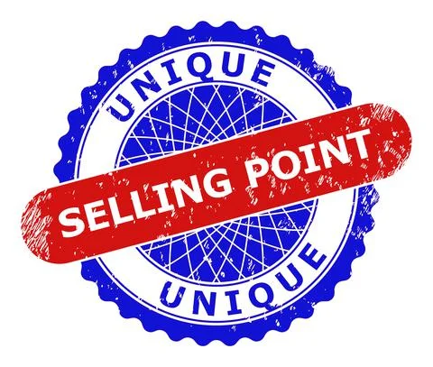 UNIQUE SELLING POINT Rosette and Rounded Rectangle Bicolor Seal Using Unclean Stock Illustration