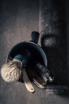 Unique shave tools. Sharp razor, soap and brush Stock Photos