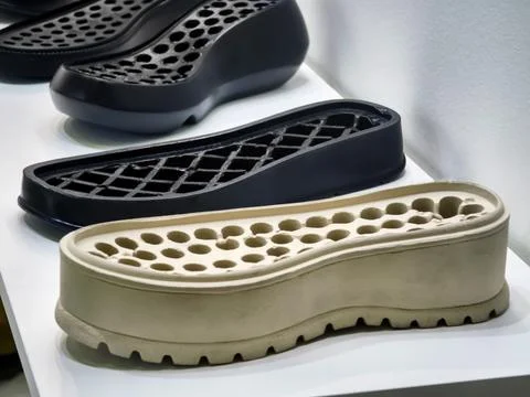Unique shoe samples displayed at an exhibition showcasing innovative design and Stockfoto's
