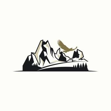Unique but simple rock mountain with forest and bird image graphic Stock Illustration
