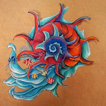 Unique sketch of the schedule, Bright red shell on the background of sea wave Illustrazione stock