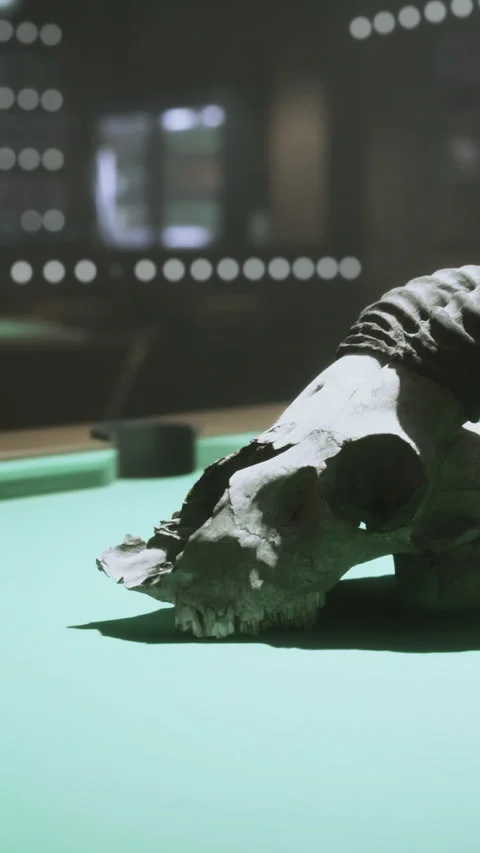 Unique skull decor on a pool table challenges traditional gaming setting Stock Footage 327781603