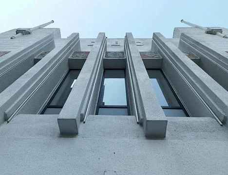 The unique structure of the front window of a cinema Stock-Fotos