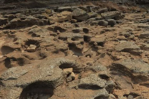 Unique Textured Rocks on a Dry Riverbed Stock Photos