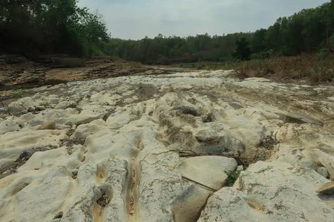 Unique Textured Rocks on a Dry Riverbed Stock Photos
