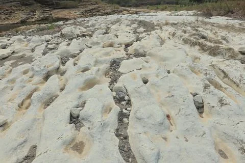 Unique Textured Rocks on a Dry Riverbed Stock Photos
