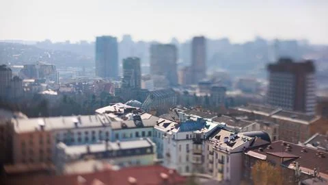 Unique tilt-shift perspective of a vibrant Kyiv city street scene Stock-Fotos