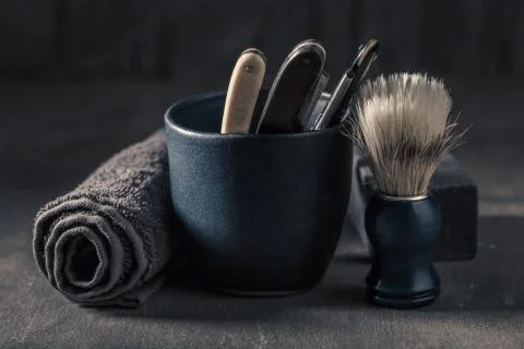 Unique tools for shave. Sharp razor, soap and brush Stock Photos