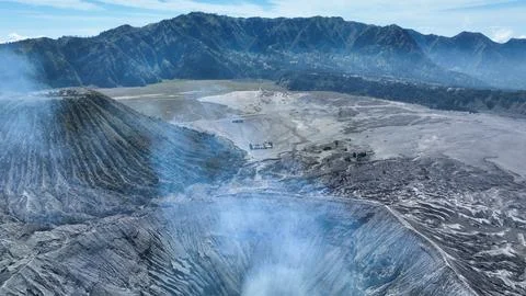 From a unique top down angle, crater Bromo dominates the landscape, surrounded Fotos de archivo