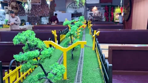 Unique Train Theme Cafe Interior With Decorative Railway Track Dining Experience Stock Footage 340957999