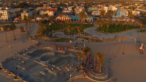 Unique View from above on Venice beach Skate Park and walkway in Los Angeles Stock Footage 129741073