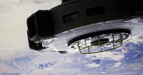 Unique view of an advanced spacecraft orbiting Earth with clouds below Stock Illustration