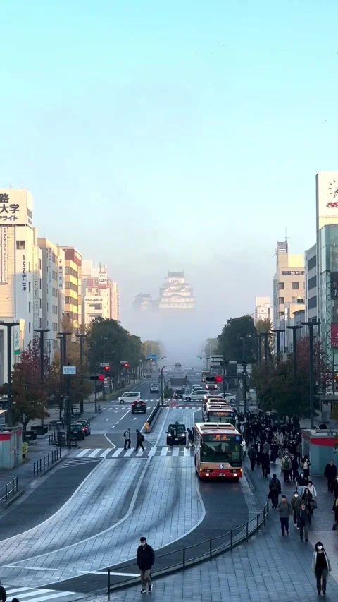 A unique view of Himeji Castle covered in a low fog  Stock Footage 277953239