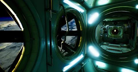 Unique view from inside a space station with Earth in the background Illustrazione stock