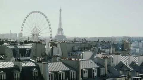 Unique view of paris rooftops, big wheel and eiffel tower Stock Footage 67886486