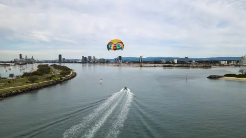 Unique view of water activities and waterways at a popular tourist town on Stock Footage 240381733