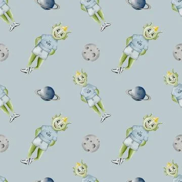 Unique watercolor pattern featuring playful aliens and planets on a soft ba.. Stock Illustration