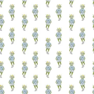 Unique watercolor pattern featuring playful aliens on a seamless white back.. Stock Illustration