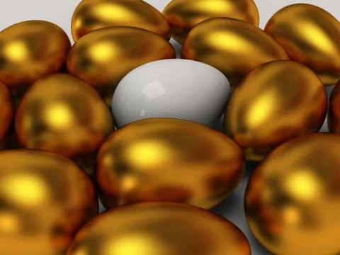 Unique white egg among gold eggs Stock Illustration
