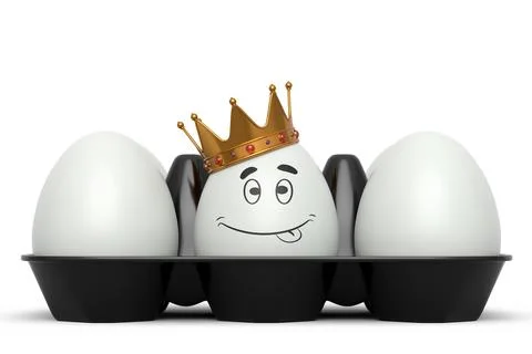 Unique white egg in gold royal crown standing in plastic tray with white eggs Stockillustratie